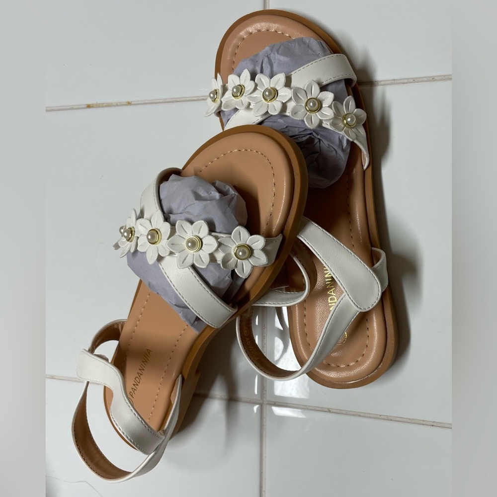White and Tan Floral Sandals with Flat Sole